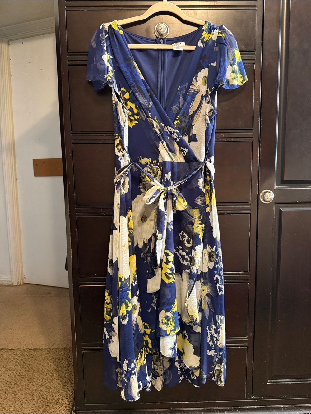 DKNY Blue Floral Wrap Midi Dress with Yellow and Cream Blooms